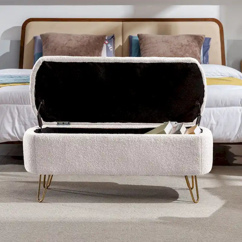Upholster Storage Ottoman Bench with Faux Fur - 39.37L x 15.75W x 15.5H