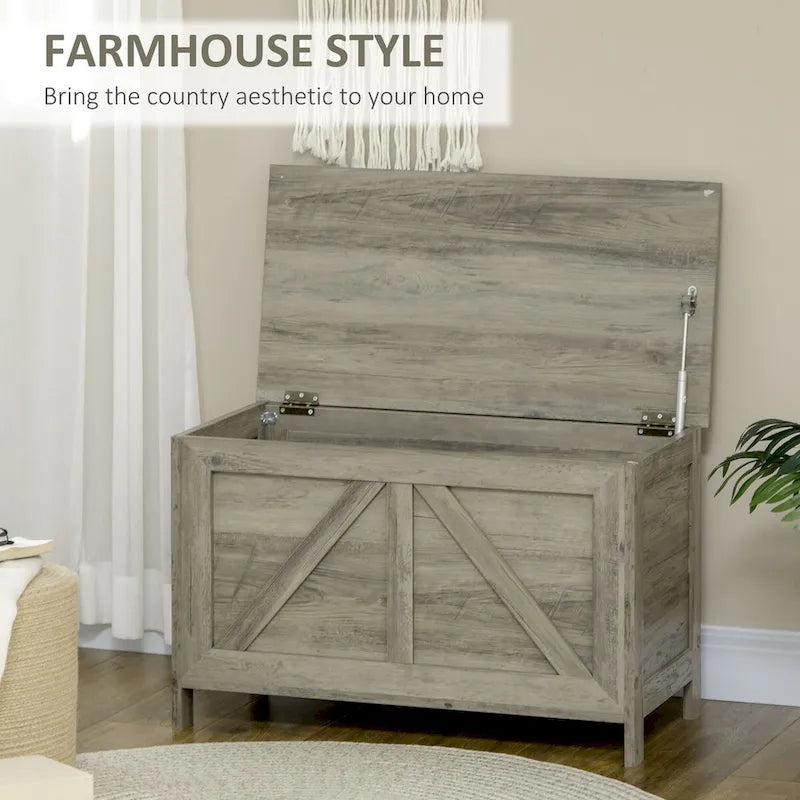 30 Farmhouse Storage Chest, Lift Top Box Organizer with Safety Hinge to Open Up 150 for Bedroom, Entryway, Gray