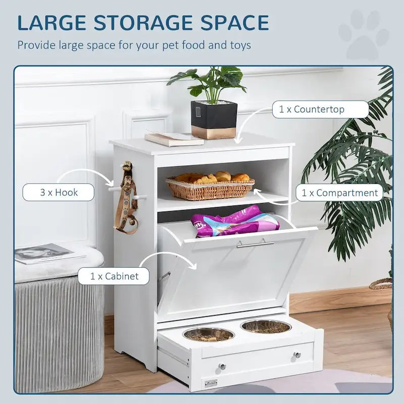 Pet Feeder Station Storage Cabinet, Dog Food Storage Container with Dog Raised Bowls and Hanger for Feeding & Watering Supplies