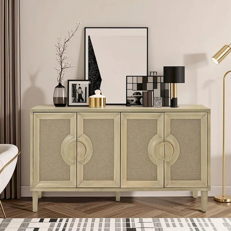 59.84 Elegant Vintage 4-Door Linen Cabinet with Linen Decorated Doors