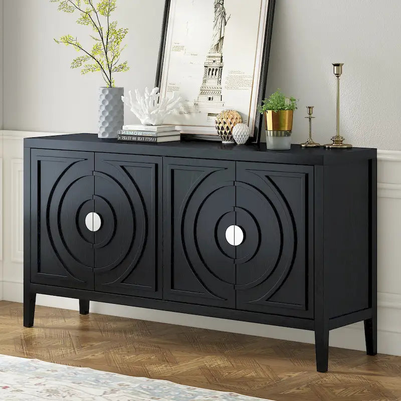 Retro Circular Groove Design Sideboard with Round Metal Door Handle
