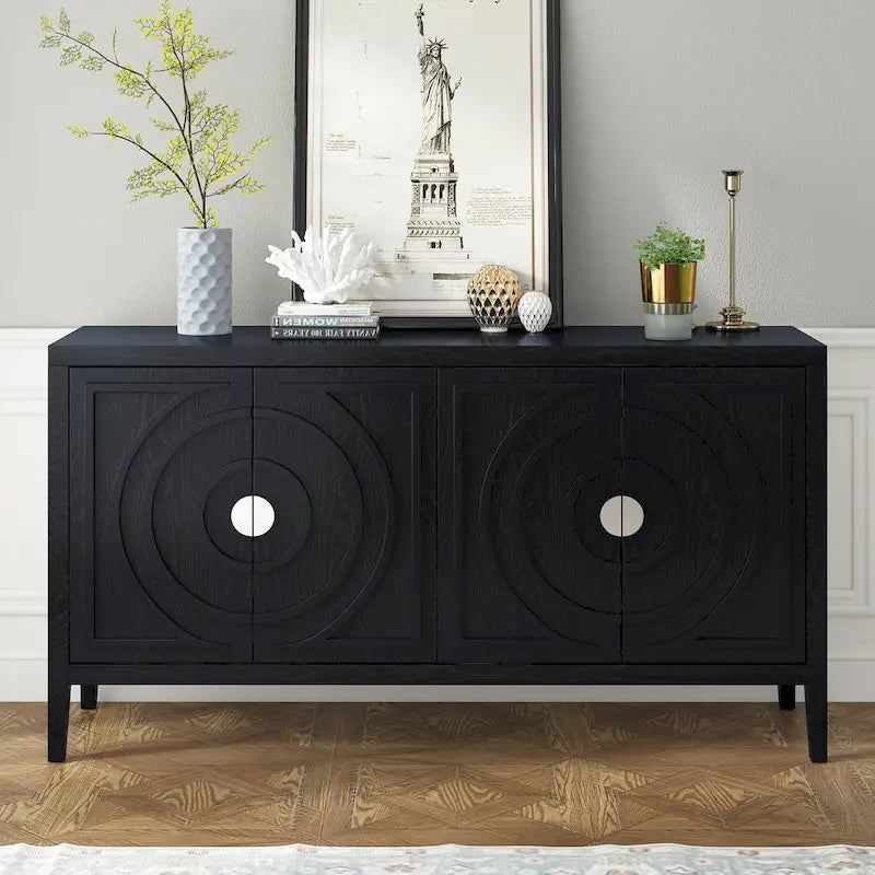Retro Circular Groove Design Sideboard with Round Metal Door Handle
