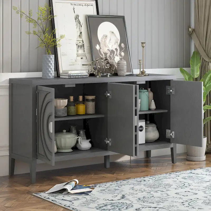 Retro Circular Groove Design Sideboard with Round Metal Door Handle