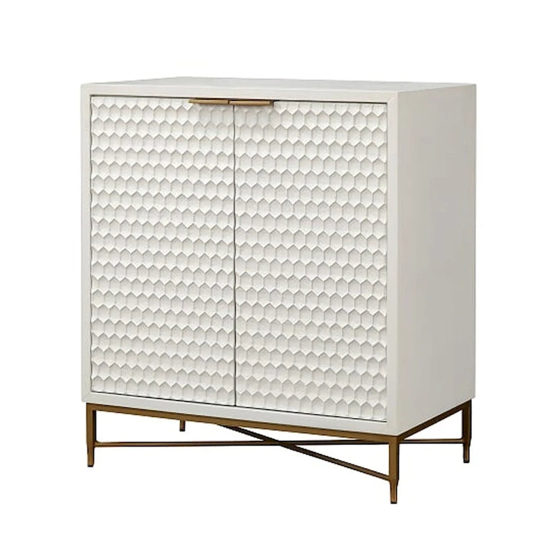 Honeycomb Design 2 Door Bar Cabinet with Metal Legs, White