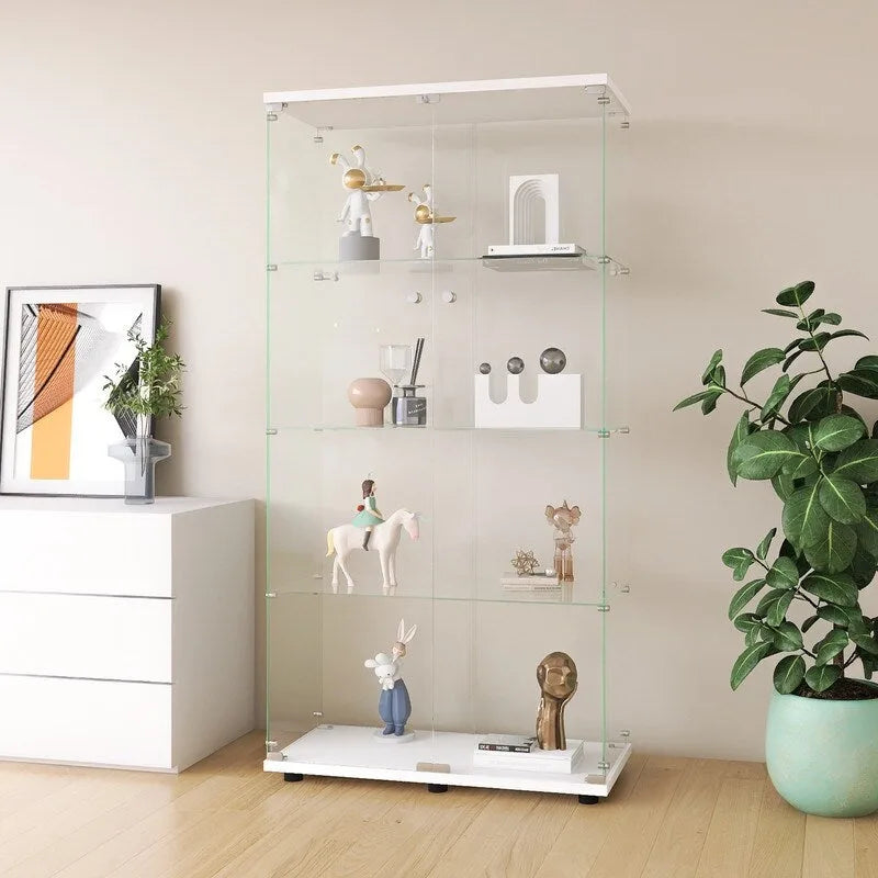 Floor Standing Two-door Glass Display Cabinet 4 Shelves with Door