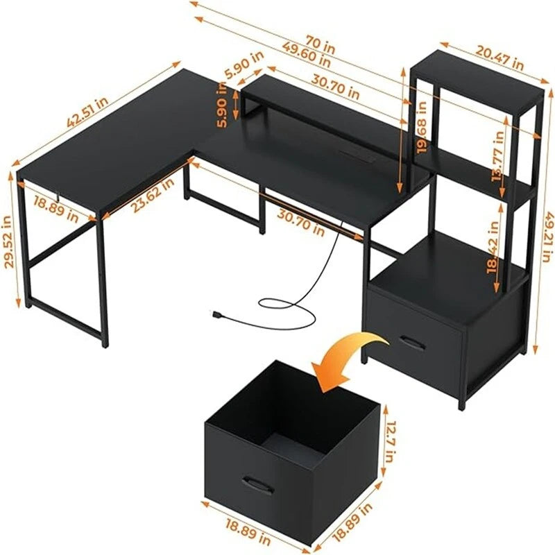 Shaped Desk with Power Outlets - 18.89D x 70.07W x 29.52H