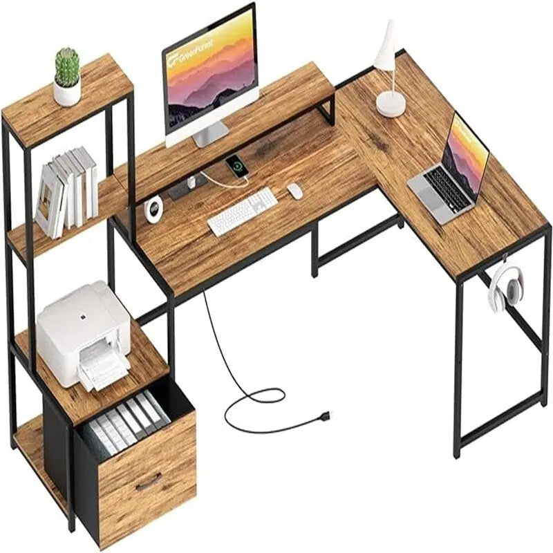 Shaped Desk with Power Outlets - 18.89D x 70.07W x 29.52H
