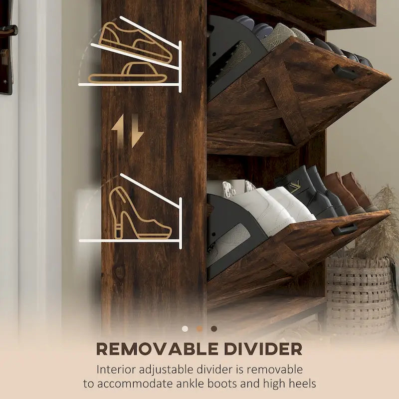 Narrow Shoe Cabinet with 2 Flip Doors and Top Drawer, Brown