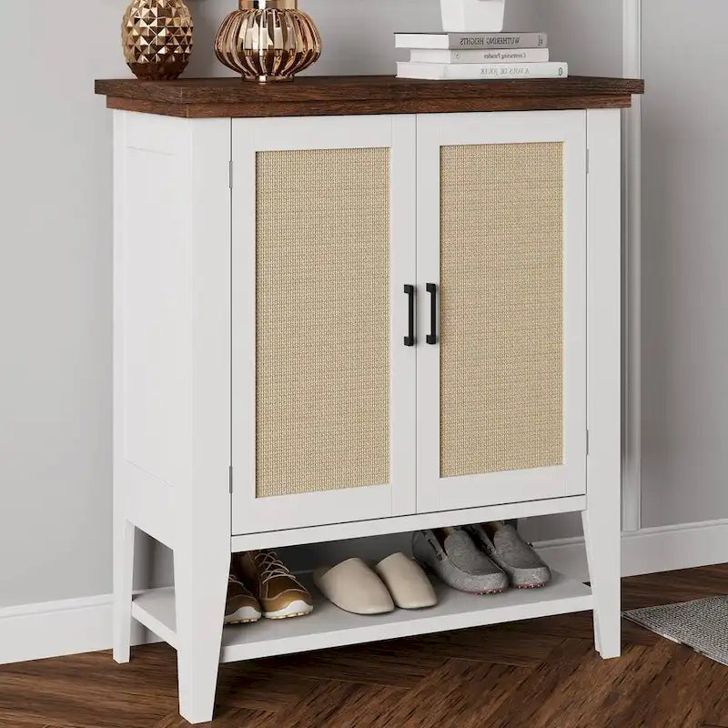 Rattan Storage Cabinet with Shelves and Doors - N/A