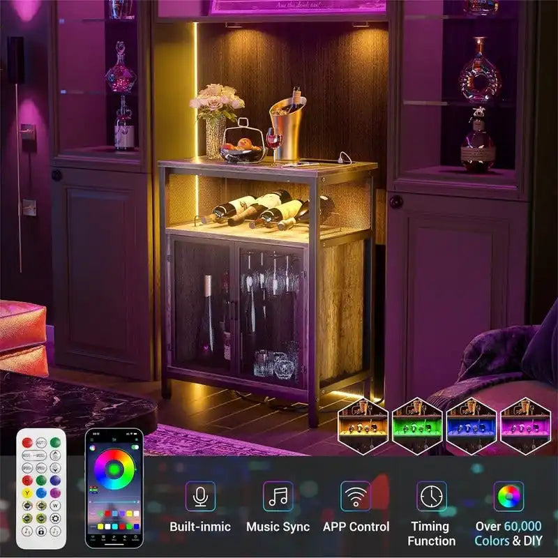 Wine Bar Cabinet with RGB Light and Outlet - 23.6D x 13.6W x 31H