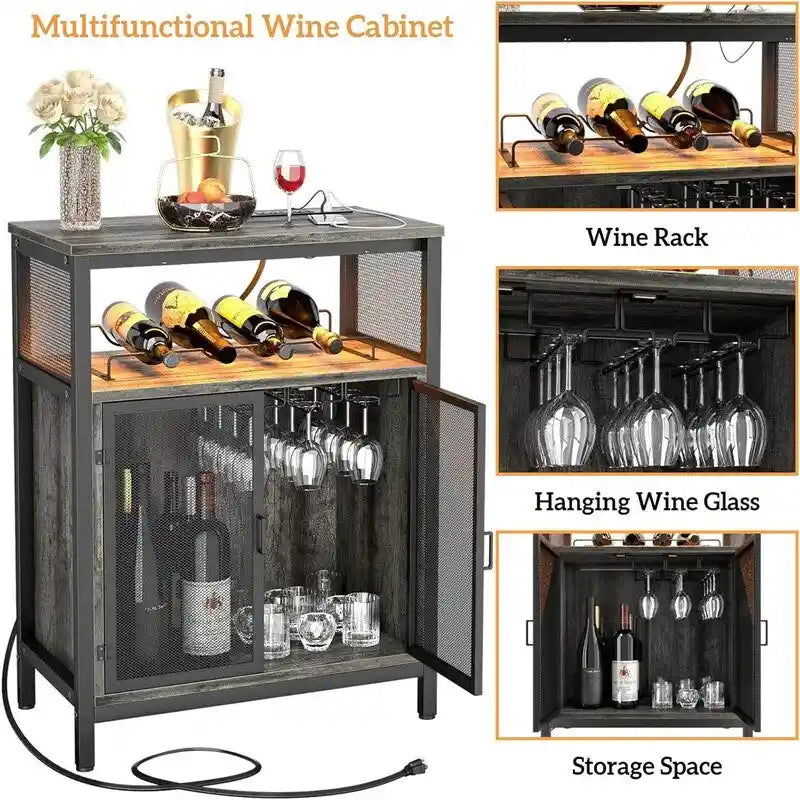 Wine Bar Cabinet with RGB Light and Outlet - 23.6D x 13.6W x 31H