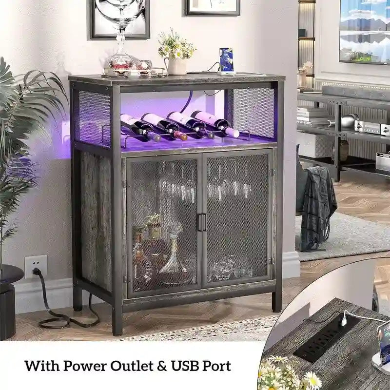 Wine Bar Cabinet with RGB Light and Outlet - 23.6D x 13.6W x 31H