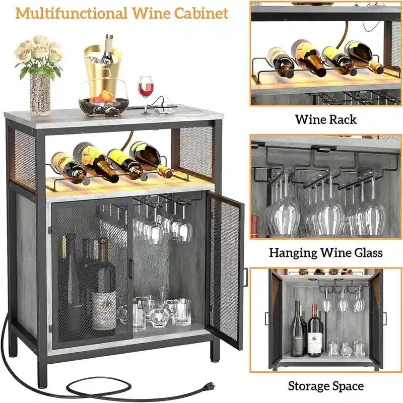 Wine Bar Cabinet with RGB Light and Outlet - 23.6D x 13.6W x 31H