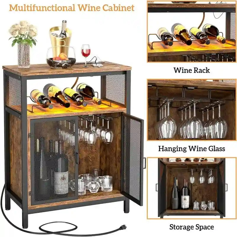 Wine Bar Cabinet with RGB Light and Outlet - 23.6D x 13.6W x 31H