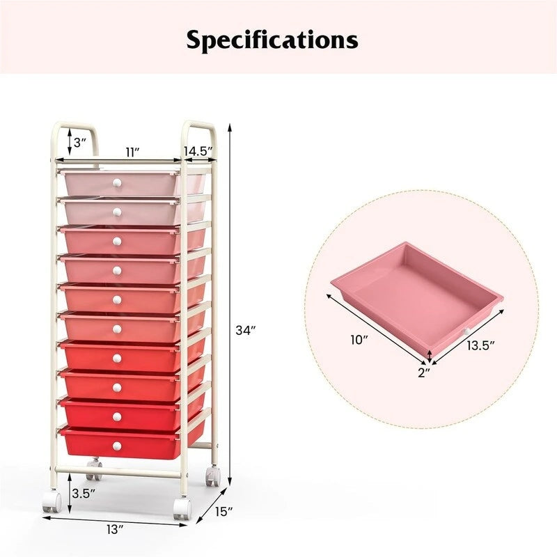10 Drawer Rolling Storage Cart - 15D x 13W x 34H