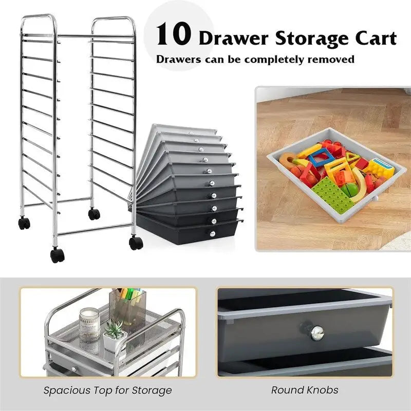 10 Drawer Rolling Storage Cart - 15D x 13W x 34H