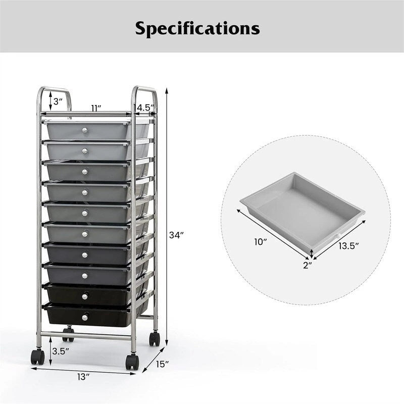 10 Drawer Rolling Storage Cart - 15D x 13W x 34H