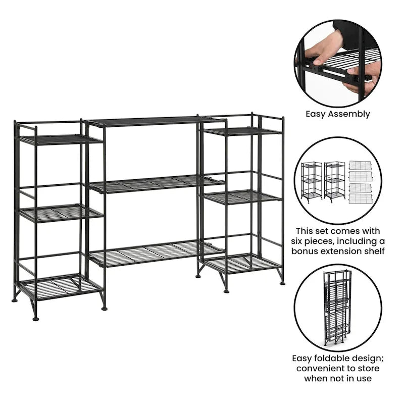 Convenience Concepts Xtra Storage 3 Tier Folding Metal Shelves with Set of 3 Extension Shelves