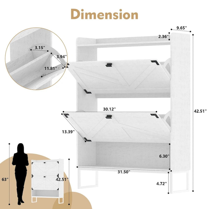 Narrow Rack Shoe Cabinet with 2 Flip Drawers and Open Shelf