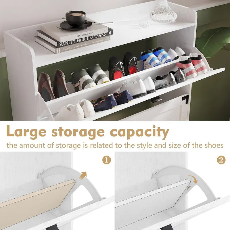 Narrow Rack Shoe Cabinet with 2 Flip Drawers and Open Shelf