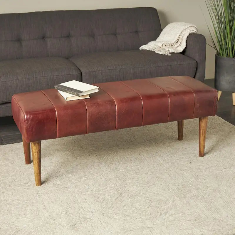 Leather Upholstered Home Bench with Wooden Legs - Brown - Roche River Decor