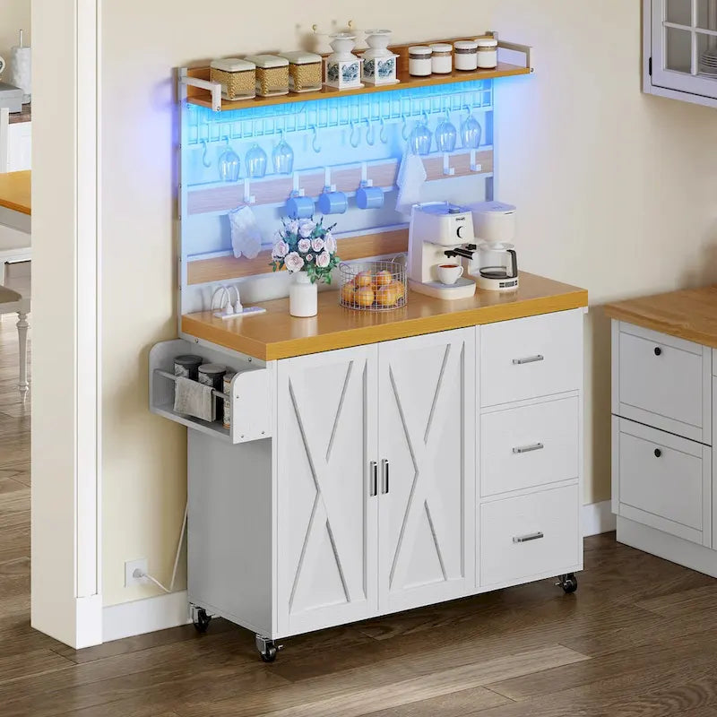 Moasis Large Rolling Kitchen Island With Power Outlet & LED Light, Storage Cabinet With Tall Shelf