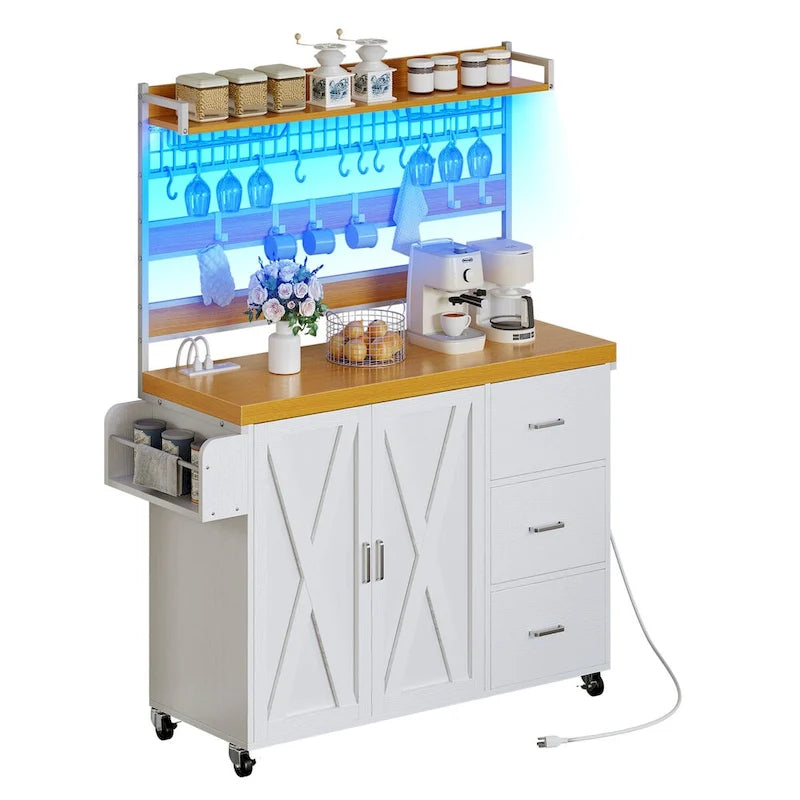 Moasis Large Rolling Kitchen Island With Power Outlet & LED Light, Storage Cabinet With Tall Shelf