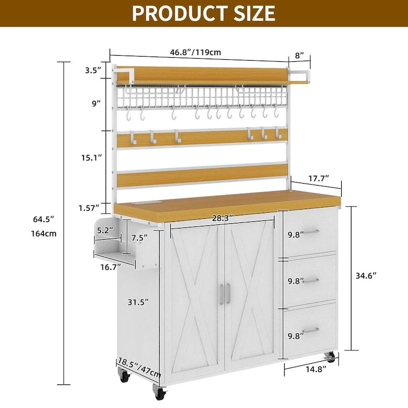 Moasis Large Rolling Kitchen Island With Power Outlet & LED Light, Storage Cabinet With Tall Shelf