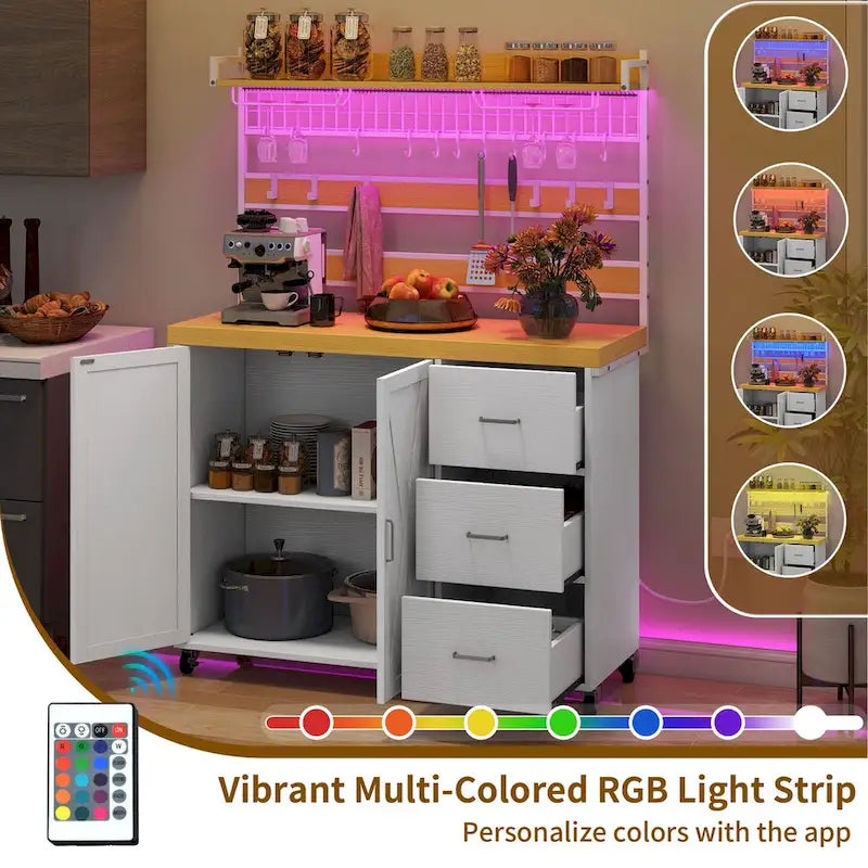 Moasis Large Rolling Kitchen Island With Power Outlet & LED Light, Storage Cabinet With Tall Shelf