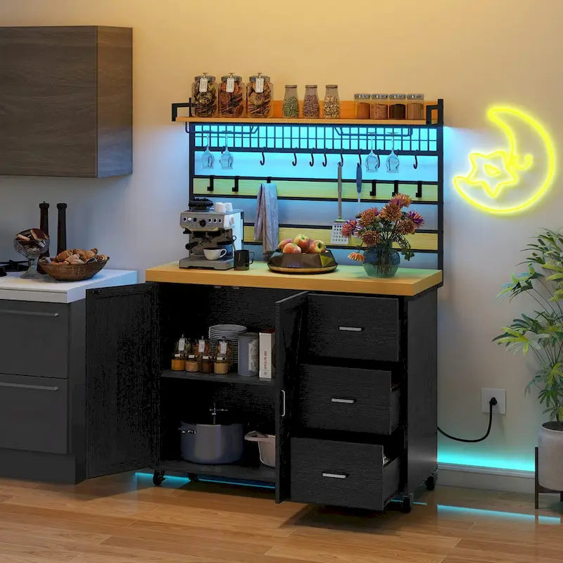 Moasis Large Rolling Kitchen Island With Power Outlet & LED Light, Storage Cabinet With Tall Shelf