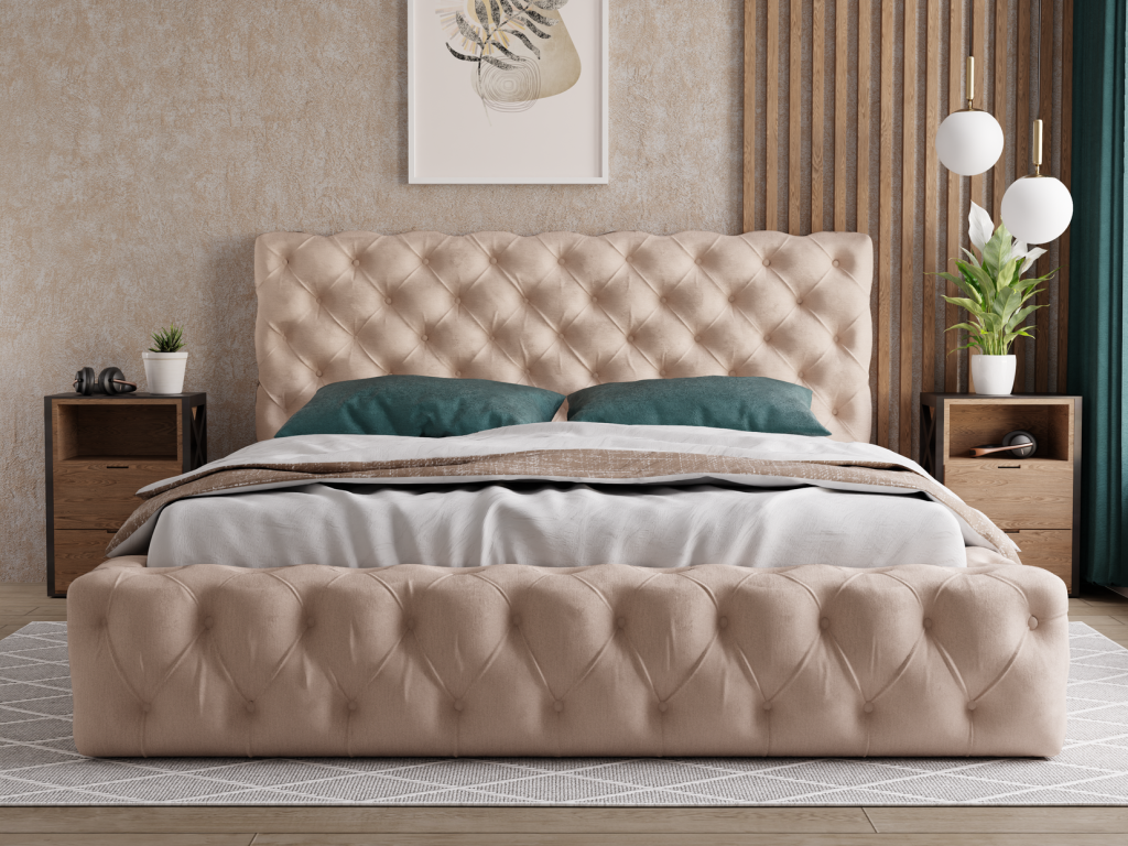Beige Velvet Bed, 180 x 200 cm