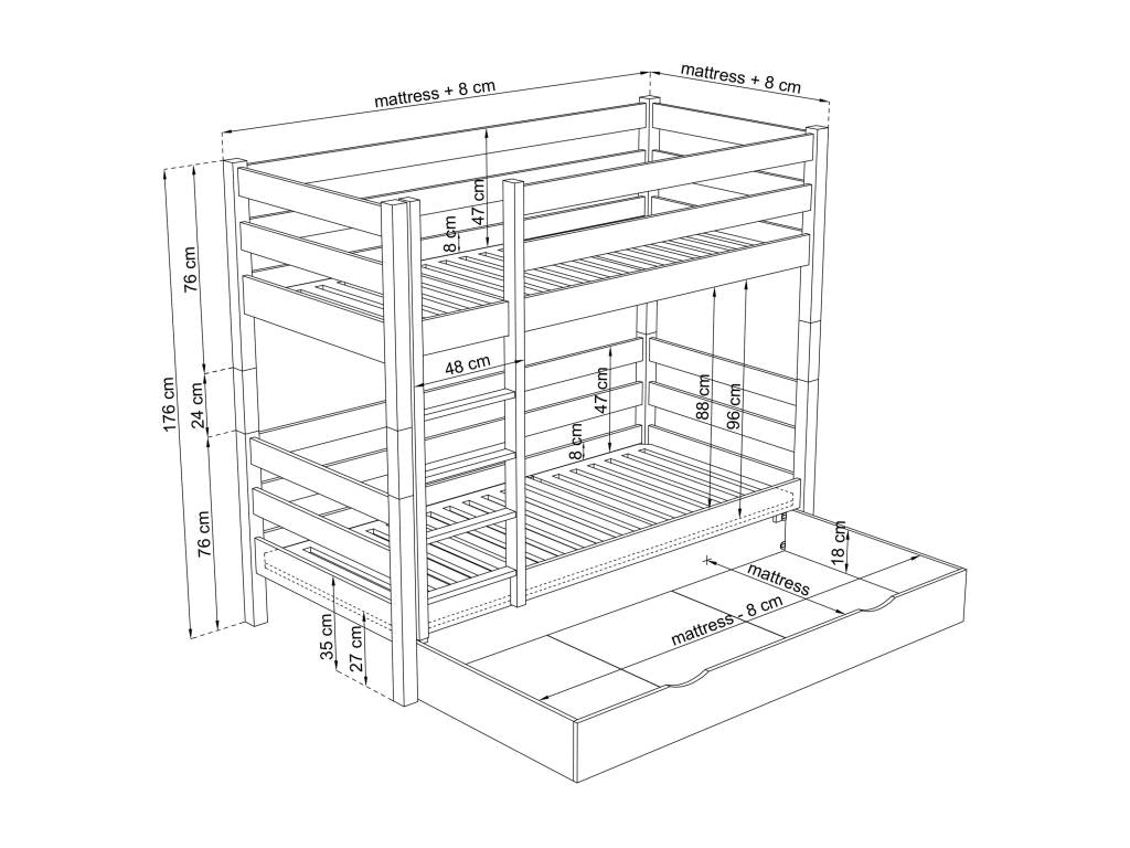 Yellow Pine Wood Bed, 80 x 190 cm