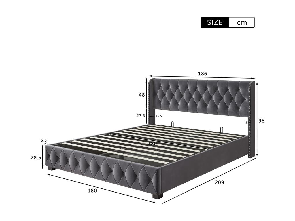 Gray Velvet Bed, 180 x 200 cm